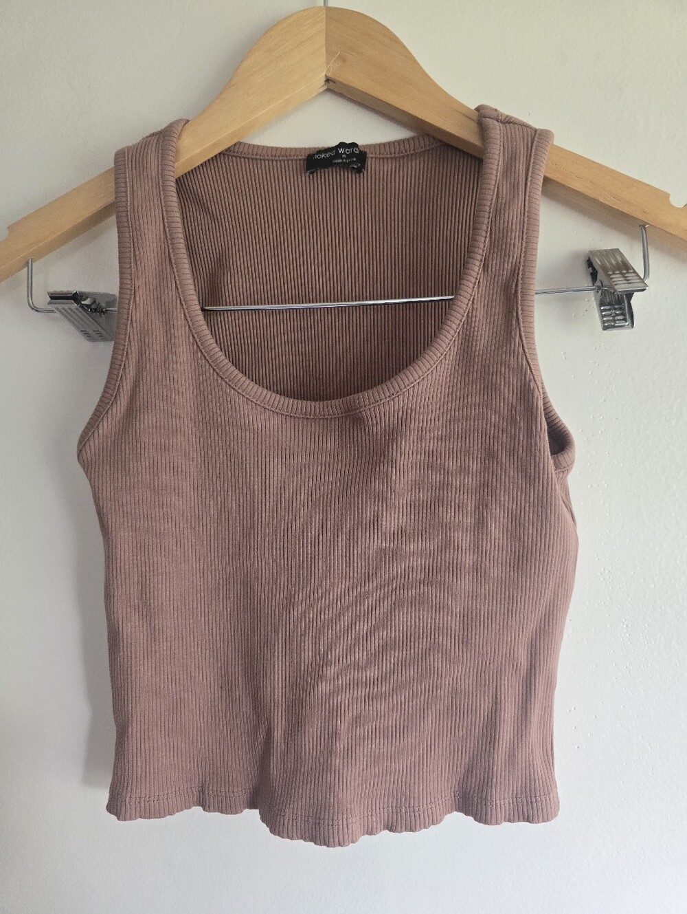 Naked Wardrobe, Cropped Ribbed Scoop Neck Tank, Putty (Light Brown), Size Med